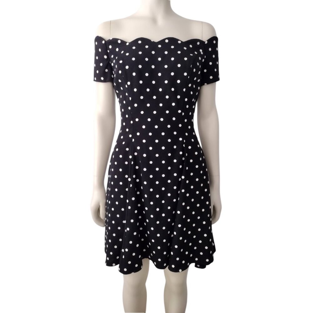 Vintage 1980s Roberta Black and White Polka Dot Off Shoulder Fit & Flare Mini